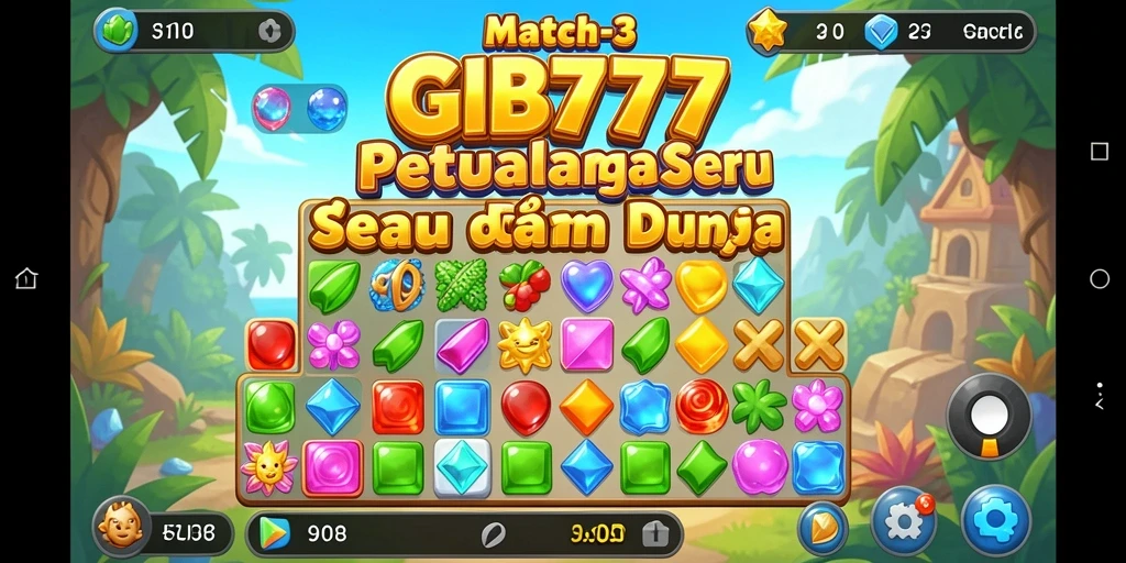 Screenshot gameplay GB777 yang menampilkan keseruan mencocokkan batu permata.
