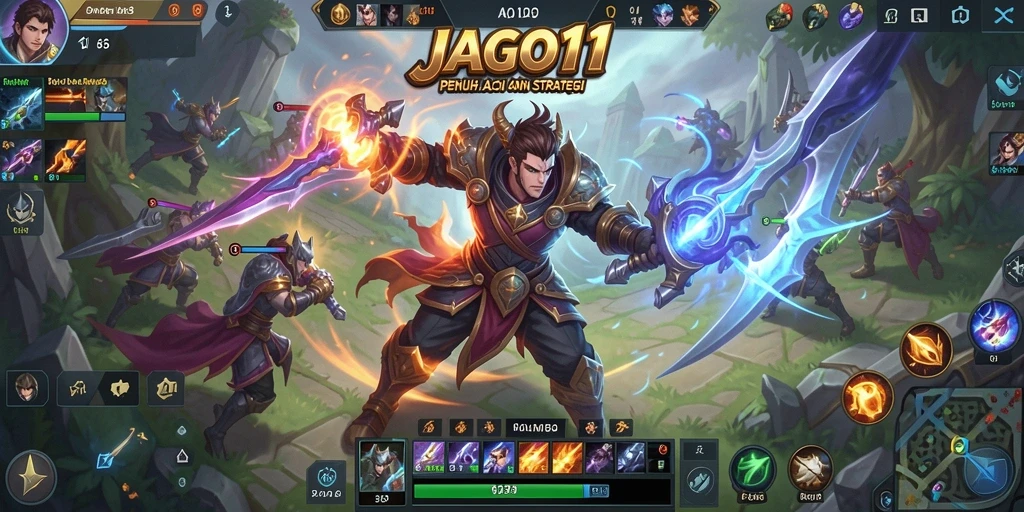 Screenshot gameplay JAGO11 menampilkan pertempuran strategis yang seru di arena.