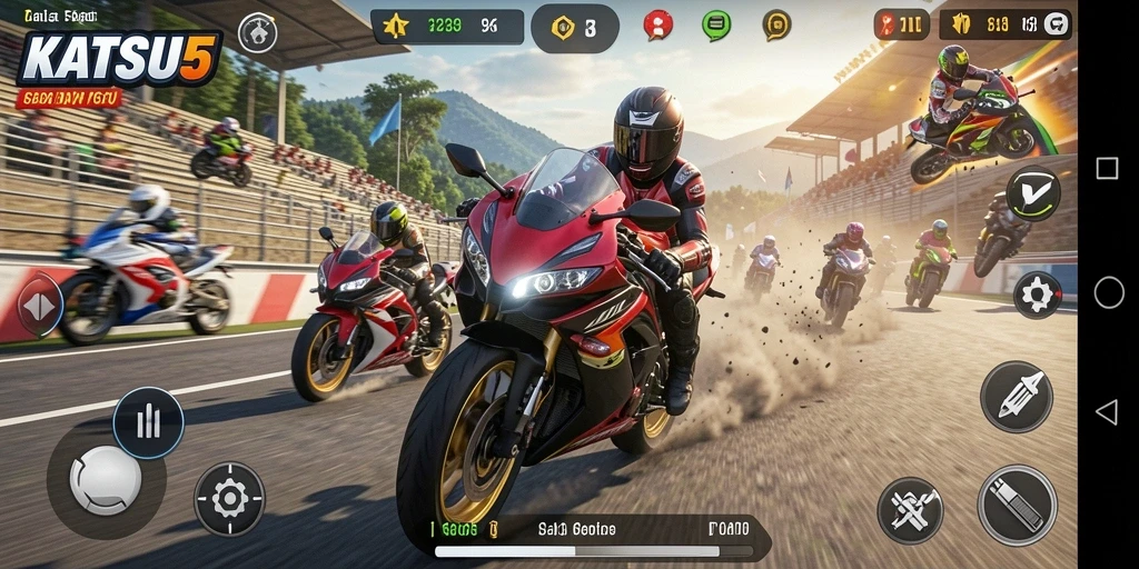 Screenshot KATSU5 menampilkan balapan motor yang intens dan mendebarkan.