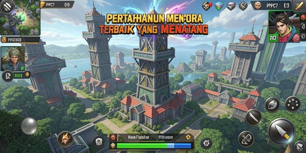 Screenshot gameplay PCPC7 menampilkan aksi menara dalam pertahanan yang epik.