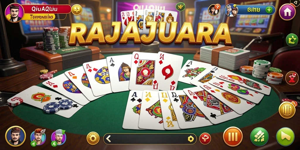 Gameplay menegangkan dari RAJAJUARA dalam satu screenshot yang menampilkan pertarungan kartu QiuQiu.